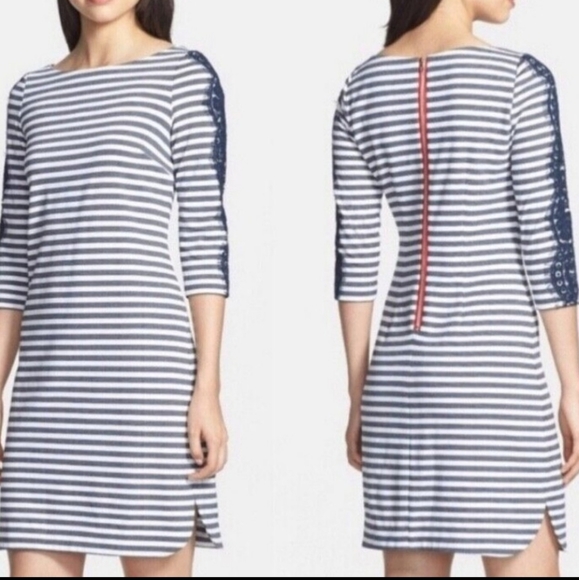 Eliza J Dresses & Skirts - Eliza J. Dress Blue White Stripe Ponte Knit Lace Sleeve 12 Nautical